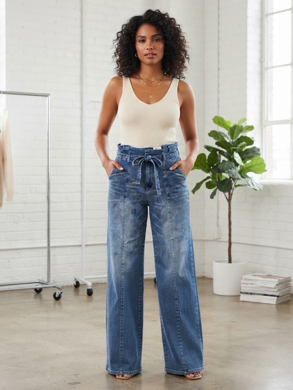 Vervet by Flying Monkey Wide-Leg Pleated Waist Jeans Comfort Stretch Line- Blue